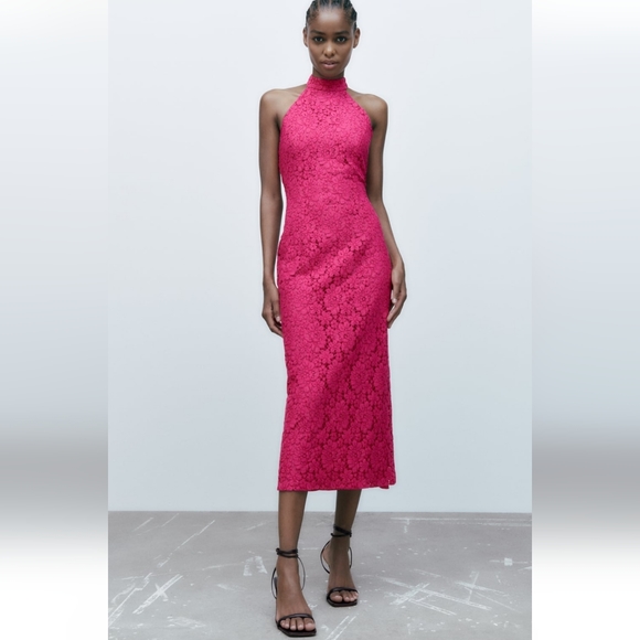 Zara * Fuchsia Pink Lace Halter Midi Dress Size S and L - Picture 9 of 16